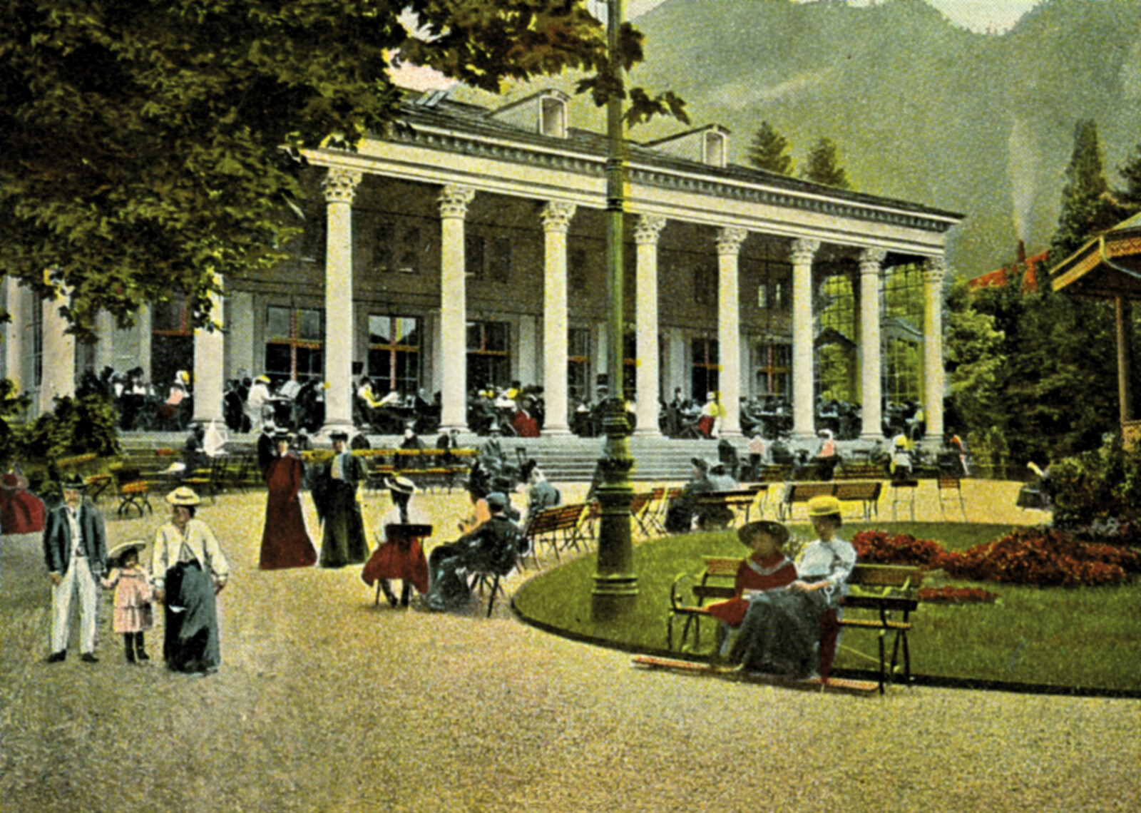 Das Gemälde zeigt den Park vor dem Kursaal des Grand Resort Bad Ragaz. Das Resort ist ein Sternehotel in der Schweiz.