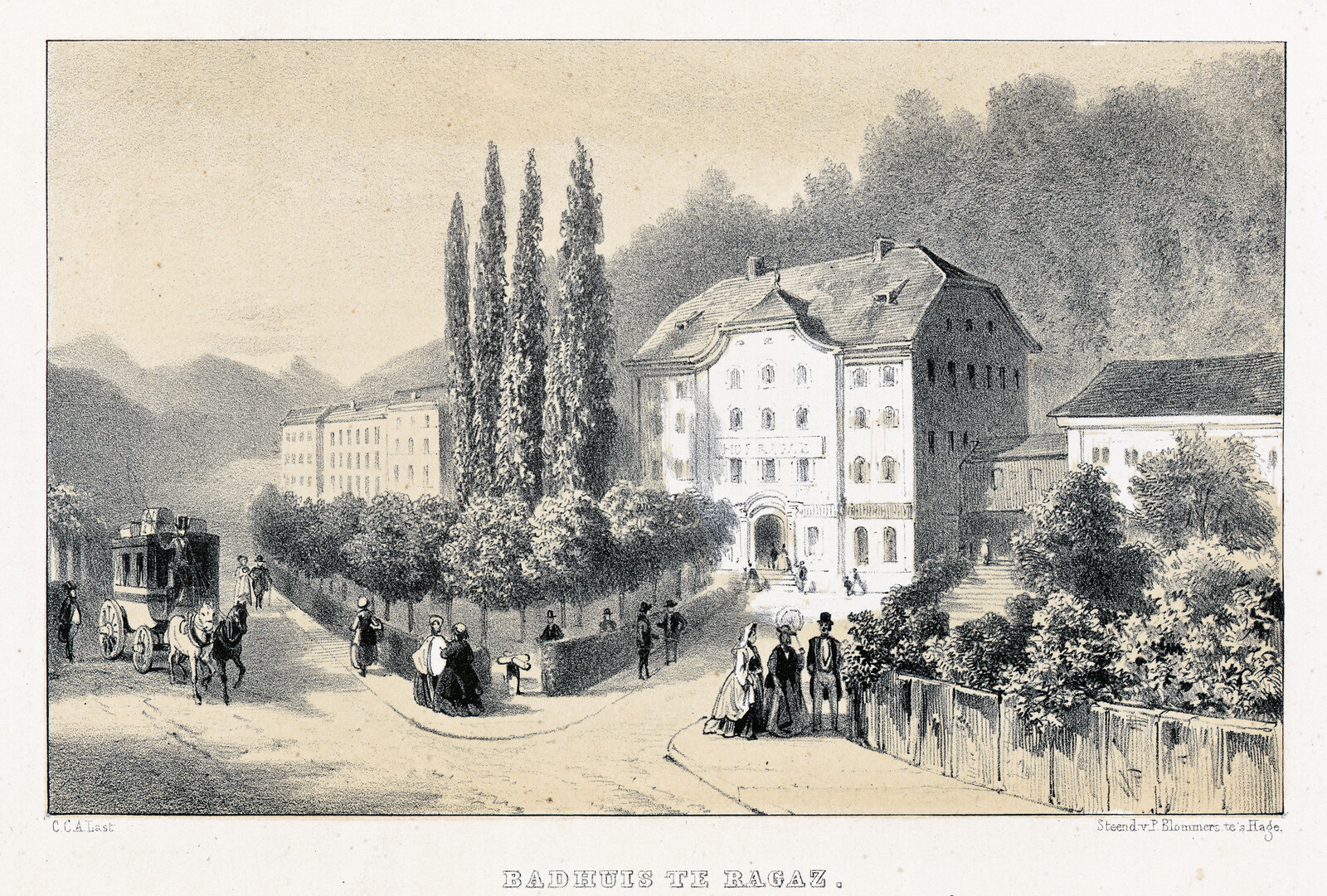 Es zeigt ein Gemälde des Hotel Hof und des Hotel Palais aus 1850. Zusammen mit dem Hotel Quellenhof sind sie das Grand Resort Bad Ragaz, welches ein Sternehotel in der Schweiz ist.