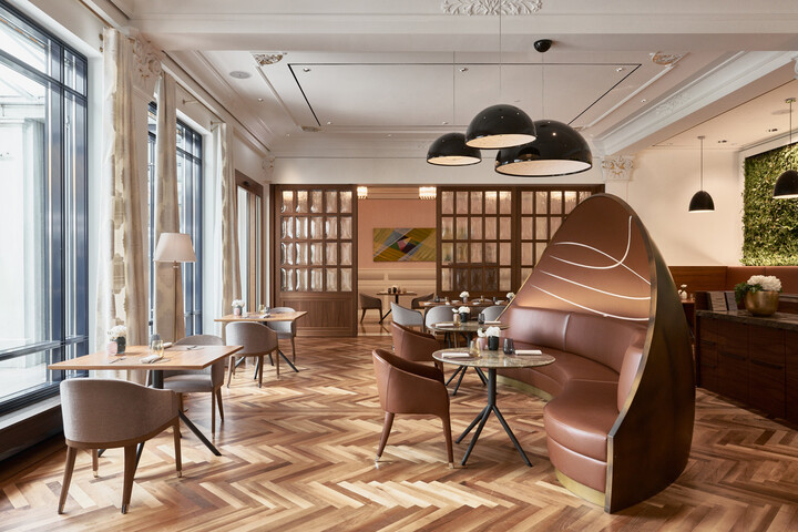 The interior of the Verve by Sven restaurant can be seen. The restaurant is part of the Grand Resort Bad Ragaz, a star resort in Switzerland.