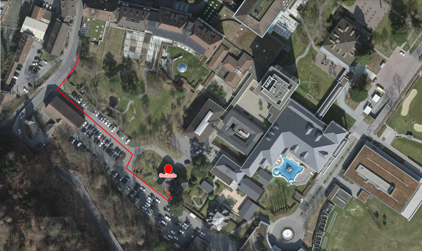 The site plan of the Solitude staff house is recorded from a satellite perspective. The staff house is part of the Hotel Grand Resort Bad Ragaz, a star hotel in Switzerland.